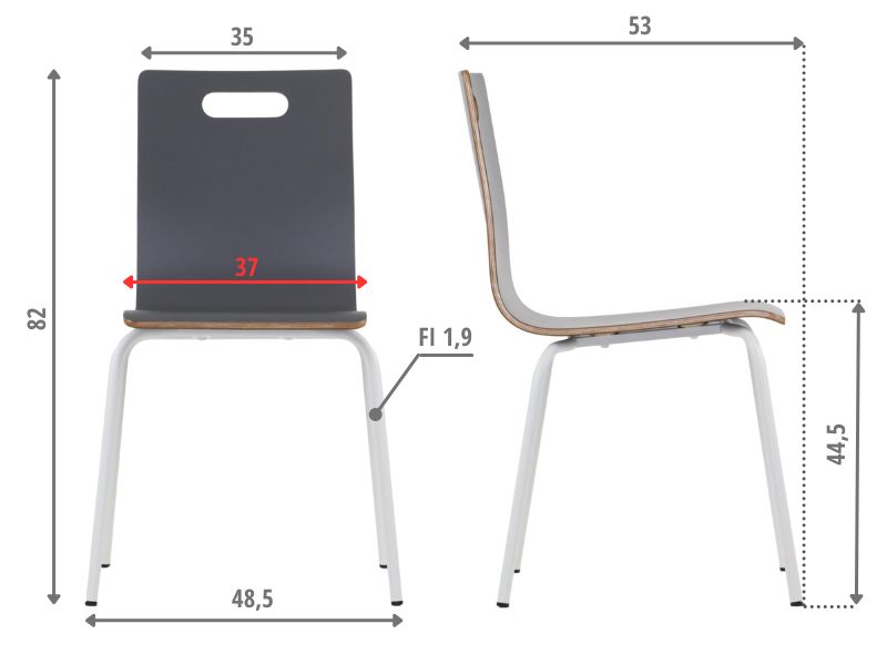 Krzesło kubełkowe z grubą sklejką (11 mm), pokrytą wytrzymałym laminatem, gwarantuje solidność i łatwość utrzymania. Stelaż spawany o średnicy rurki 19 mm i grubości ścianki 2,2 mm zapewnia stabilność i trwałość.